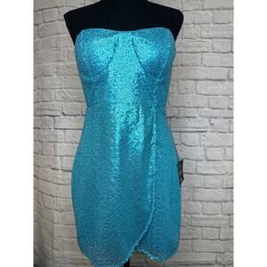 Lulus Turquoise Sequin Mini Party Formal Dress Strapless SZ MEDIUM NWT HOCO NYE